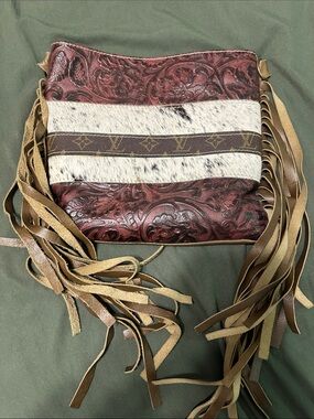 Fringed Tooled Leather Crossbody Bag with hide on designer (real) accents